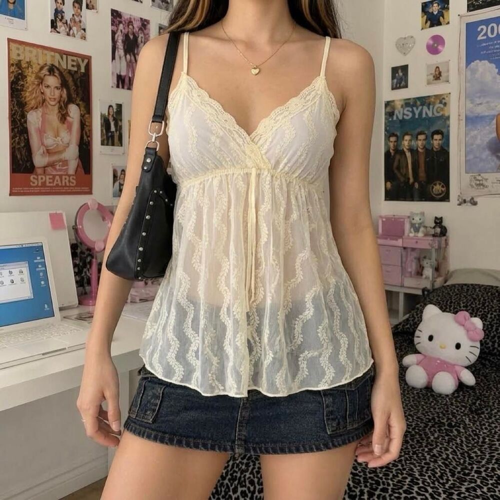 Y2K Fairy Cream Sheer Lace Cami Coquette Romantic Boho